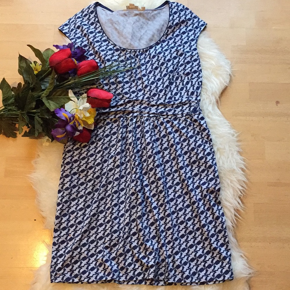 Boden Navy Blue and Burgundy Printed Cap-Sleeve Dress
